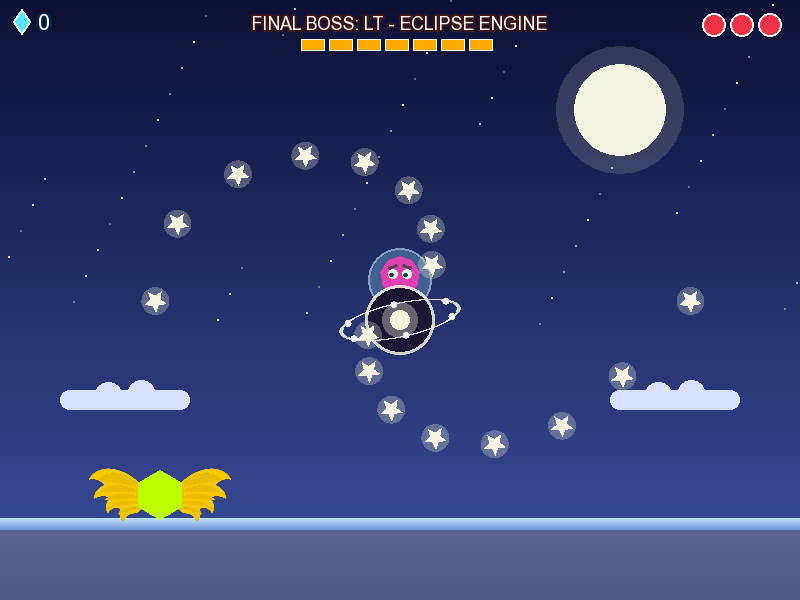 The final boss, the Eclipse Engine, firing a spiral of stars