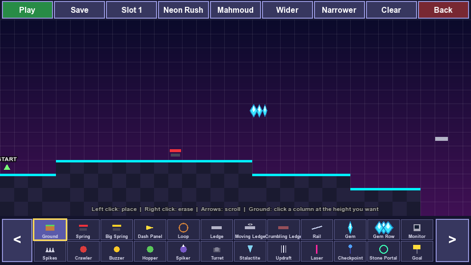 Jeer Maker 2: a course editor with ground columns and a palette of pieces