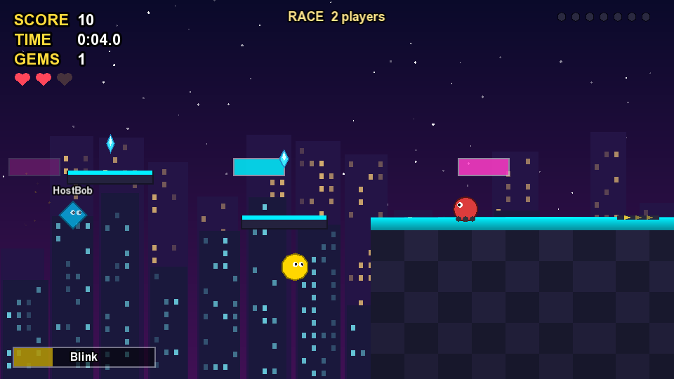 A multiplayer race in Neon Rush, with the other player shown see-through with their name