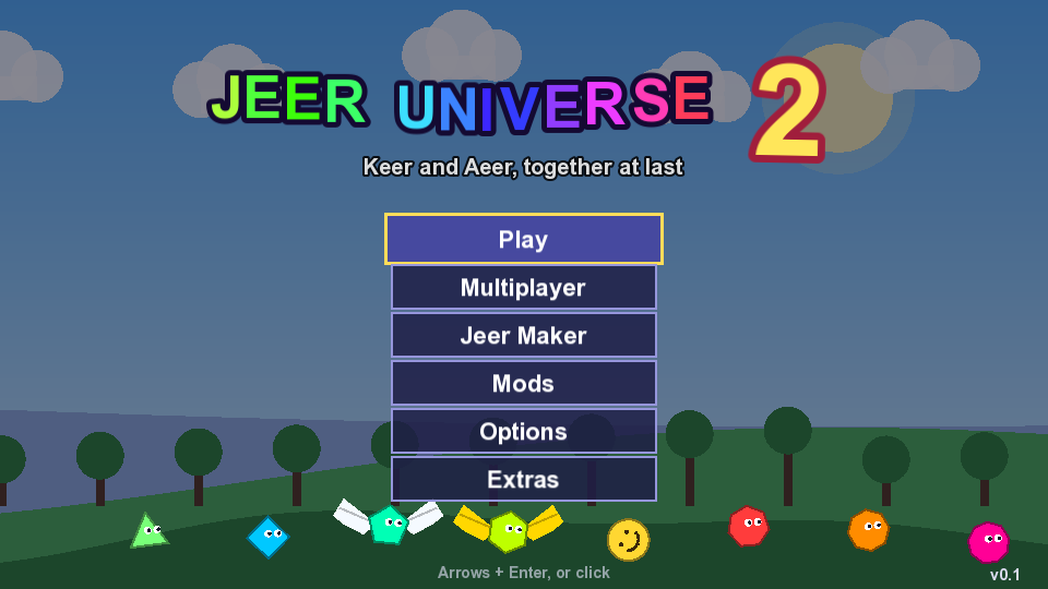 The JeerUniverse 2 title screen: a rainbow logo with a big yellow 2, and all nine heroes running along the bottom