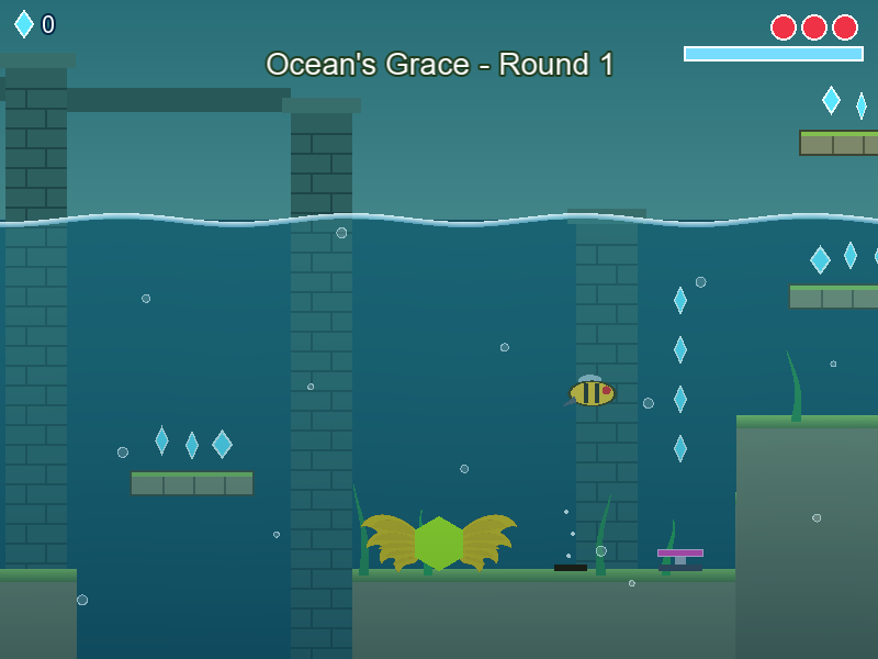 Ocean's Grace: sunken ruins under water, with air bubbles and a buzzer badnik