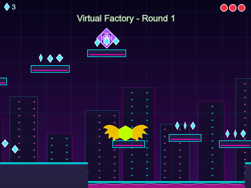 Virtual Factory: neon platforms over pink goo with gems